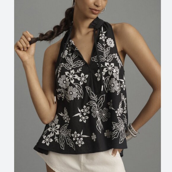 Anthropologie Pilcro The Tavi Blouse Tank Edition Embroidered Floral Black White - Picture 1 of 13